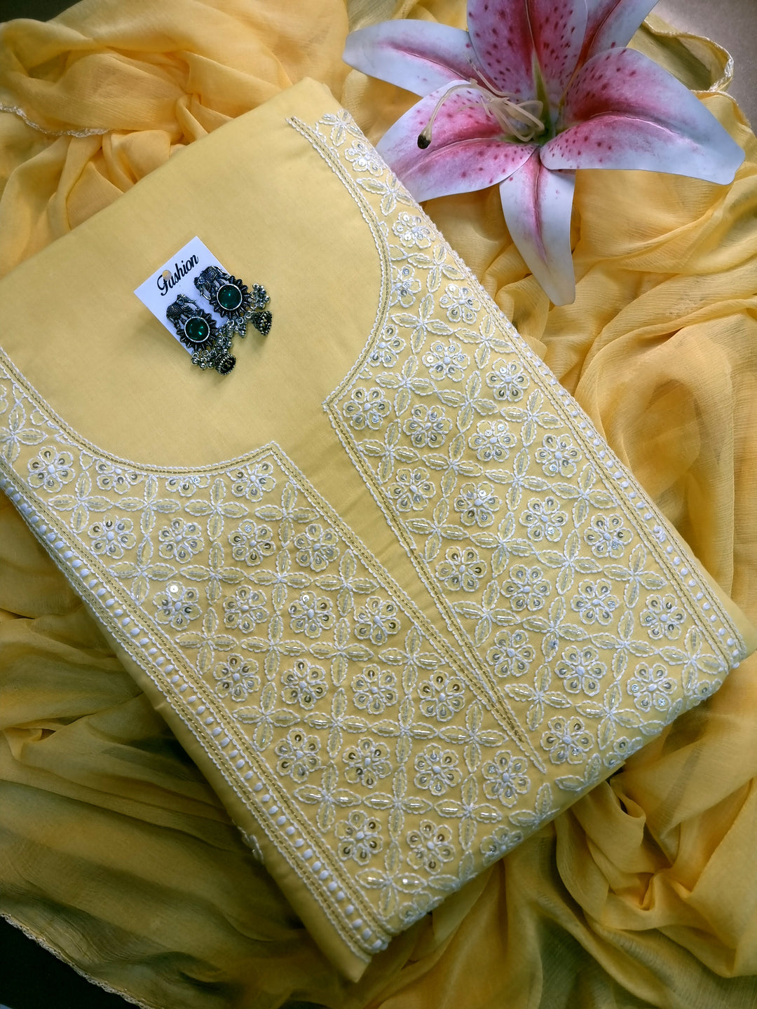 Chikankari Soft Cotton Embellished Dress Material 3 pc - Yellow Paridhan Chikan Exclusive Chikankari Soft Cotton Embellished Dress Material 3 pc - Yellow Paridhan Chikan Exclusive