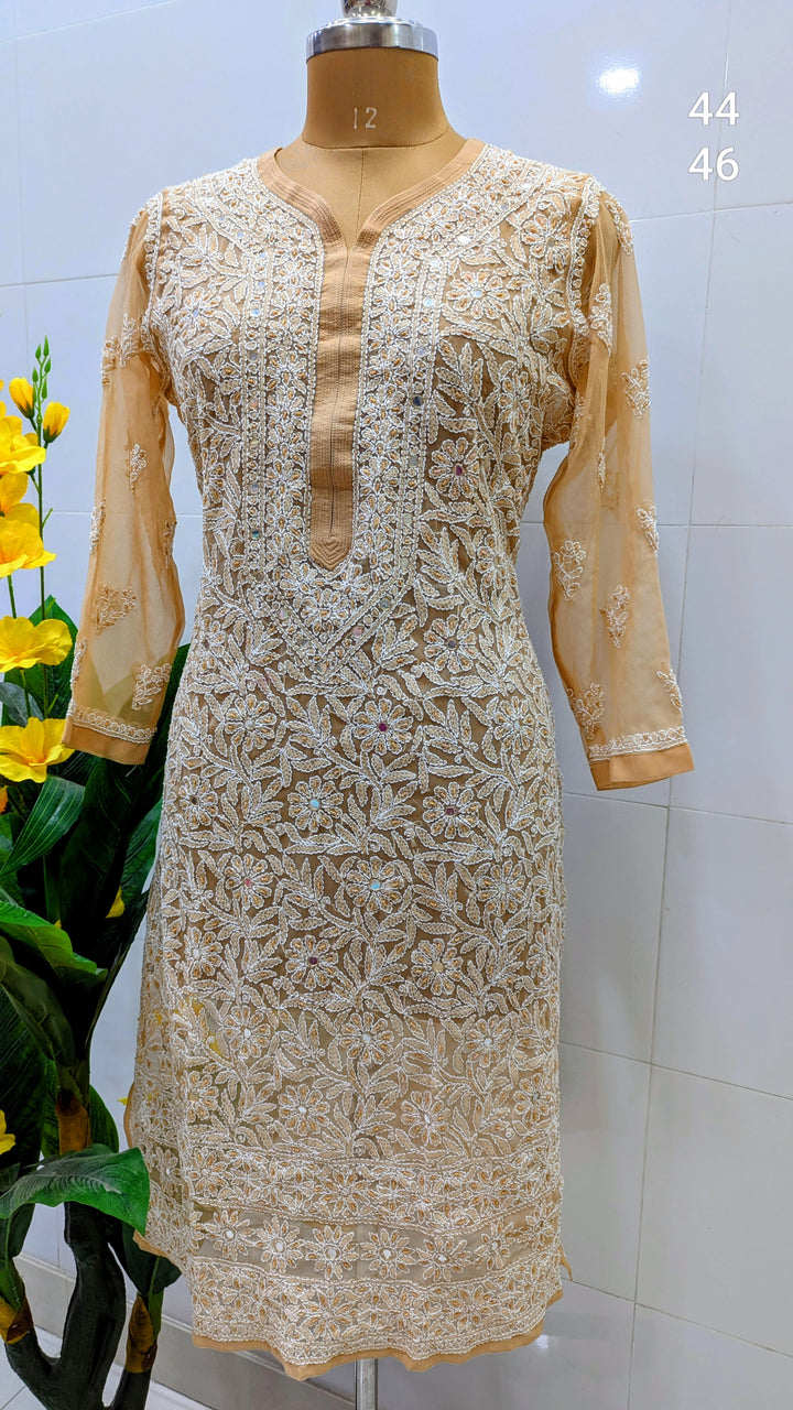 Raha Women’s Georgette Chikankari Kurti –Pearl, mirror n aari work -Designer Hand Embroidered Lucknowi Craft by Paridhan Chikan