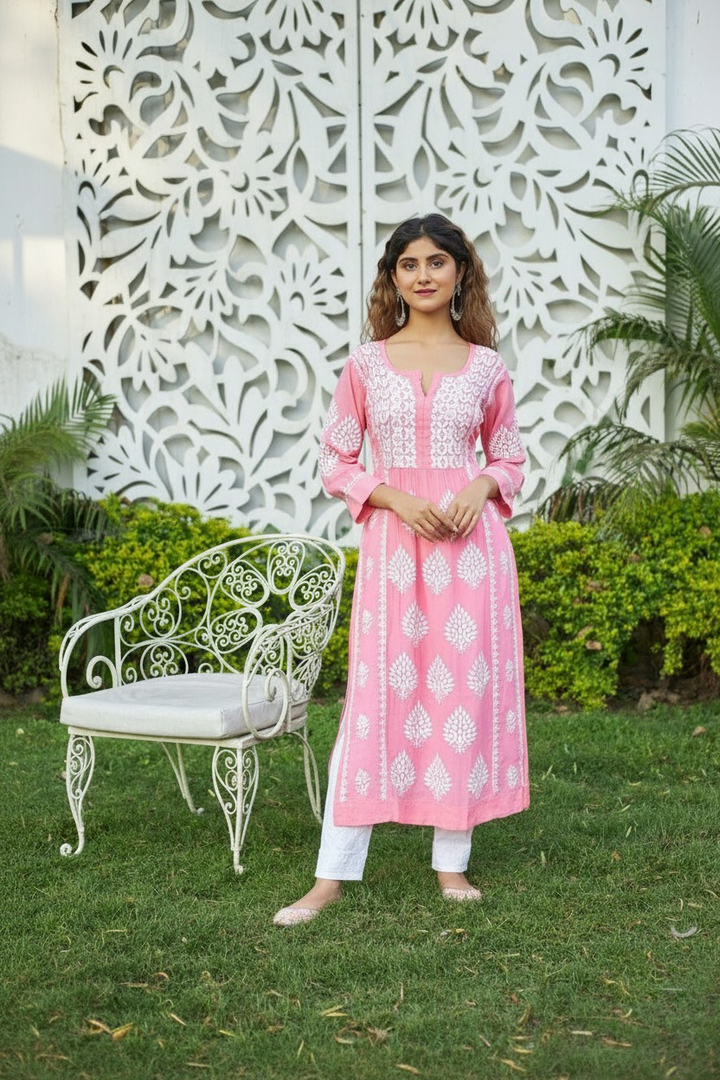 Modal Chikankari Nyra Kurti- Carrot