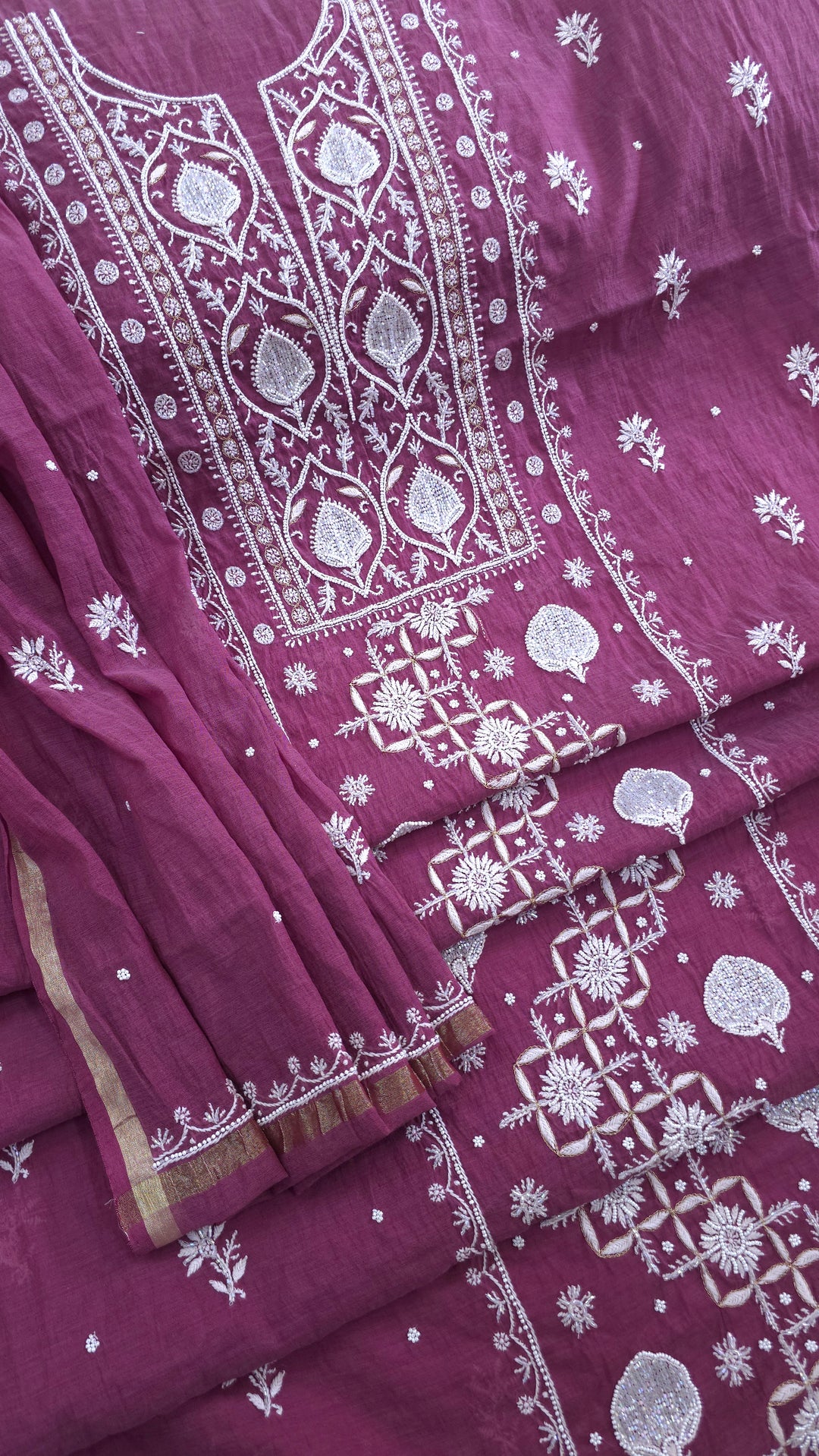 Premium Mul Chanderi Pearl, Cutdana & Kasab Hand Embroidered Unstitched Suit Set