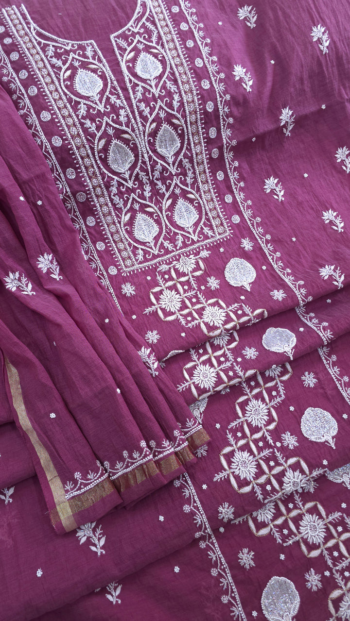 Premium Mul Chanderi Pearl, Cutdana & Kasab Hand Embroidered Unstitched Suit Set