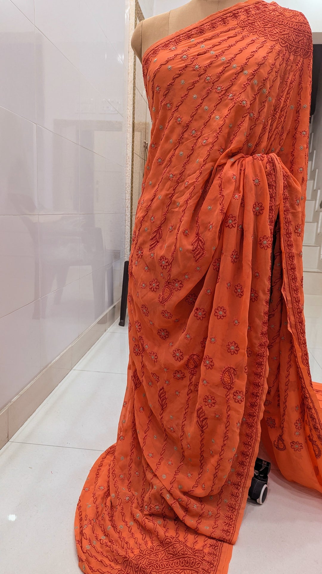Faux Georgette Hand Chikankari Saree with Exclusive Border & designer Palla Design | Embroidered Blouse Included | Authentic Lucknow Handicraft by Paridhan Chikan