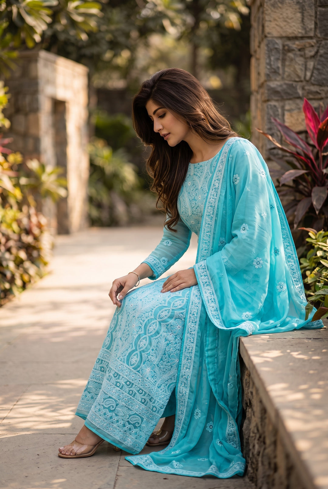 Unstitched Georgette Chikankari Dress Material | Hand Embroidered Kurta, Bottom & Dupatta-turquoise