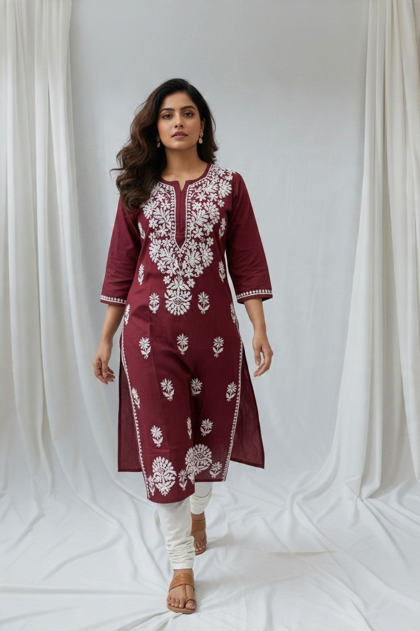 Saba Rayon Chikankari Hand Embroidered Kurti for Women | Premium Soft & Non-Transparent Fabric | 46 Inch Length | Lucknowi Chikan Kurta