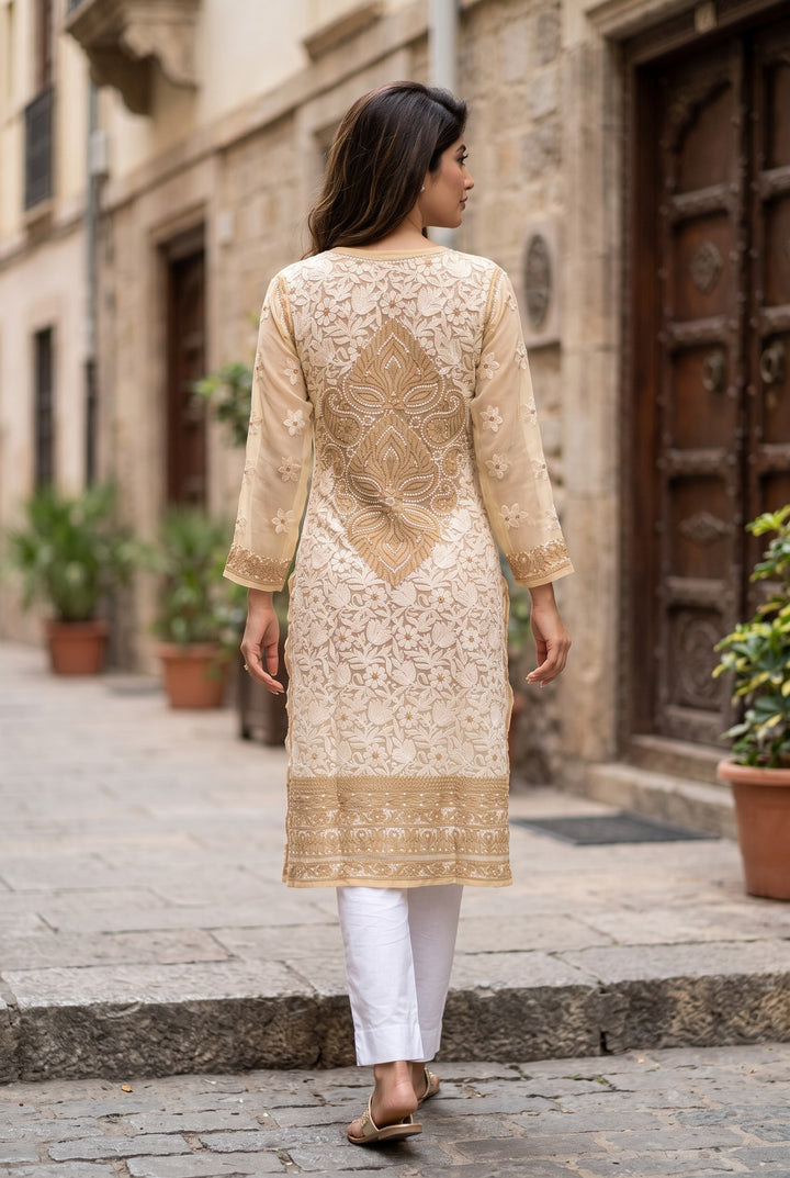 Georgette Lucknowi Chikankari 46" Long- front n back full embroidered Kurti | 100% Hand Embroidered| No Shrinkage