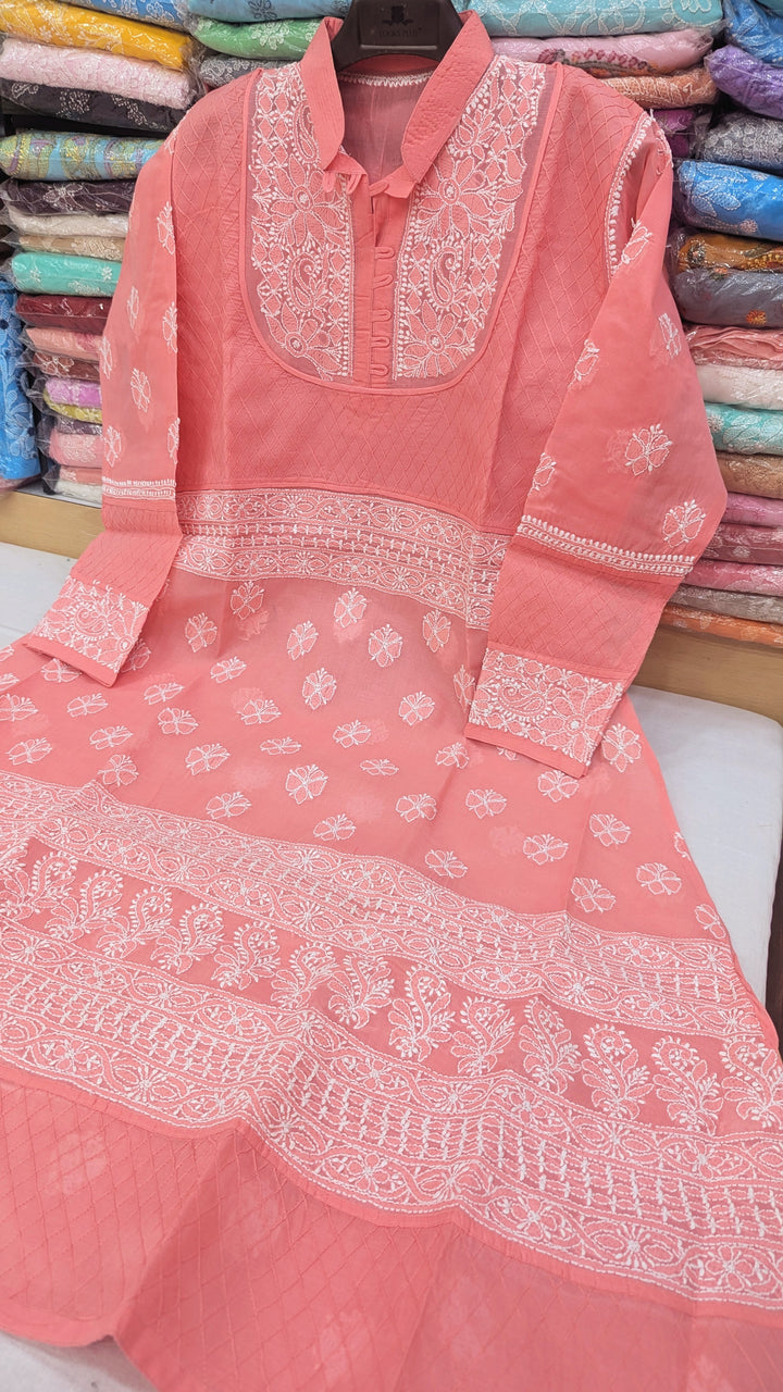 Cotton Lucknowi Chikankari 46" Long A-line Kurti | 100% Hand Embroidered| No Shrinkage