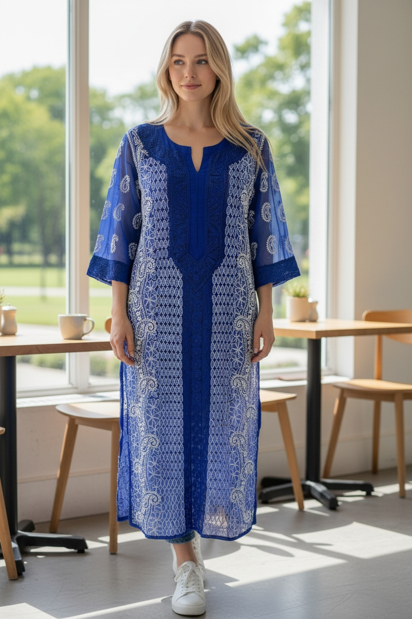 Georgette Lucknowi Chikankari Long Kurti | 100% Hand Embroidered| No Shrinkage