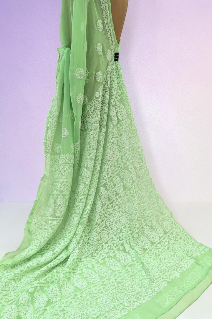 Faux Georgette Hand Chikankari Saree with Exclusive Border & Palla Design | Embroidered Blouse Included | Authentic Lucknow Handicraft by Paridhan Chikan