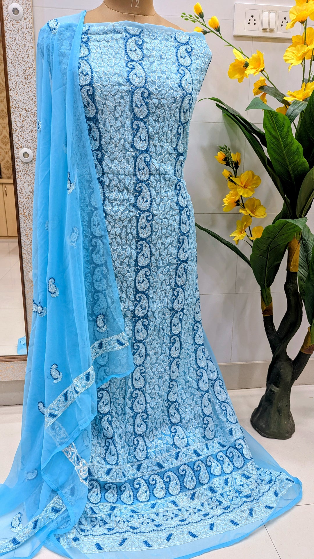 Unstitched Georgette Chikankari Dress Material | Hand Embroidered Kurta, Bottom & Dupatta