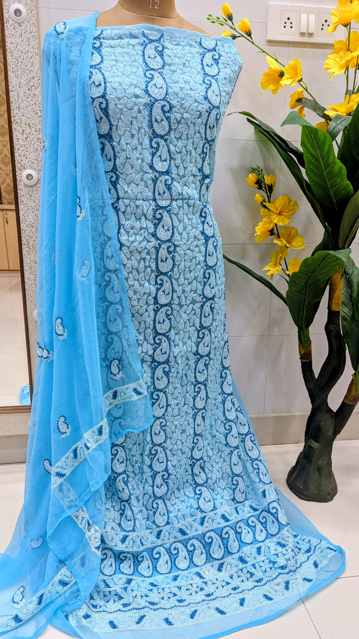Unstitched Georgette Chikankari Dress Material | Hand Embroidered Kurta, Bottom & Dupatta