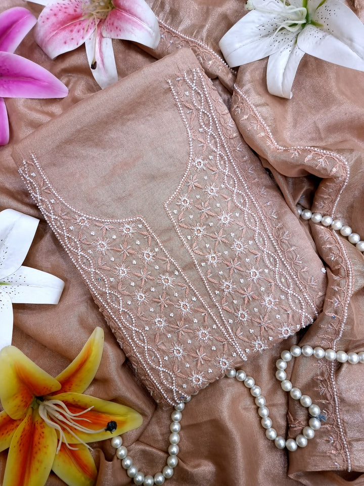 Soft Tissue Chikankari Unstitched Dress Material | 3 Taar Hand Embroidery with Pearl & Cutdana Work + Golden Border Dupatta