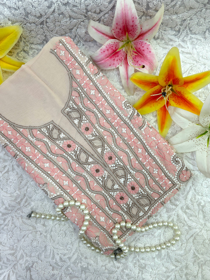 Lucknow Chikankari Hand Embroidered Cotton Dress Material with Tri-Color Motifs & Pure Chiffon Dupatta