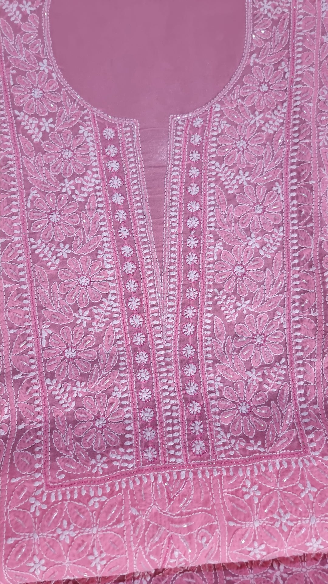 Unstitched Cotton Hand Embroidered Chikankari Dress Material with Cutdana, Resham & Badla Work | Pure Chiffon Dupatta | Lucknowi Artistry