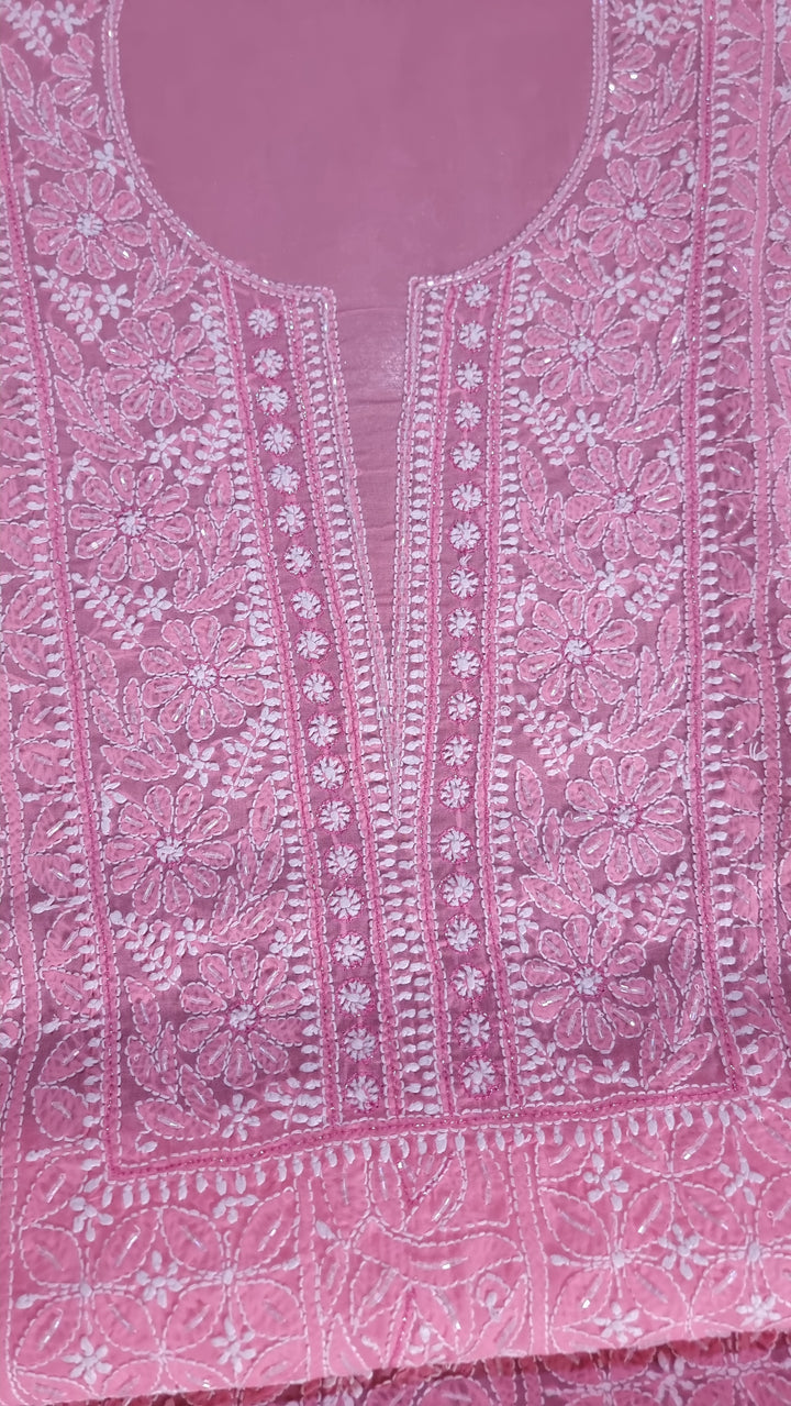 Unstitched Cotton Hand Embroidered Chikankari Dress Material with Cutdana, Resham & Badla Work | Pure Chiffon Dupatta | Lucknowi Artistry