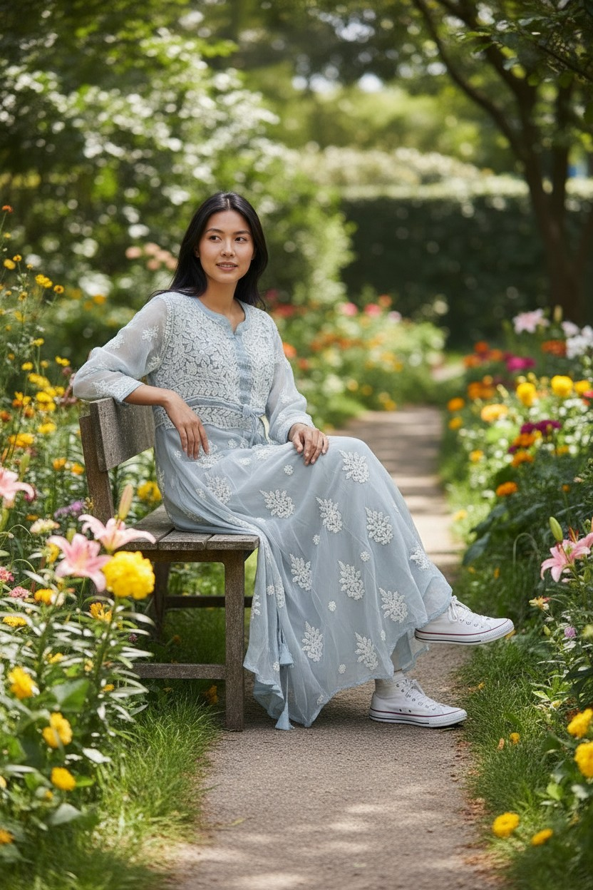 Georgette Lucknowi Chikankari 50" Long gown style Kurti | 100% Hand Embroidered| No Shrinkage