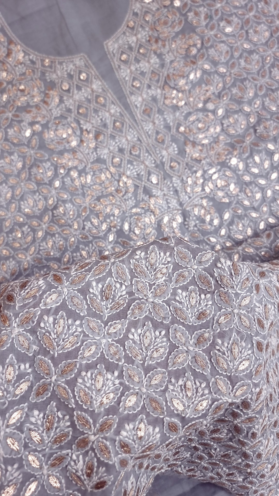 Grey Unstitched Soft Cotton Chikankari Suit Set – Aari, Kasab & Gotta Patti Embellished with Pure Chiffon Dupatta