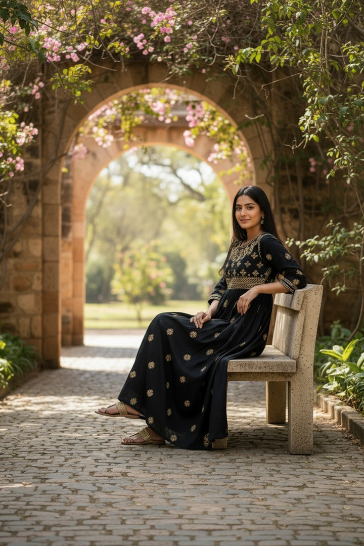 Cotton Lucknowi Chikankari 50 " Long A line Gown Kurti | 100% Hand Embroidered| No Shrinkage