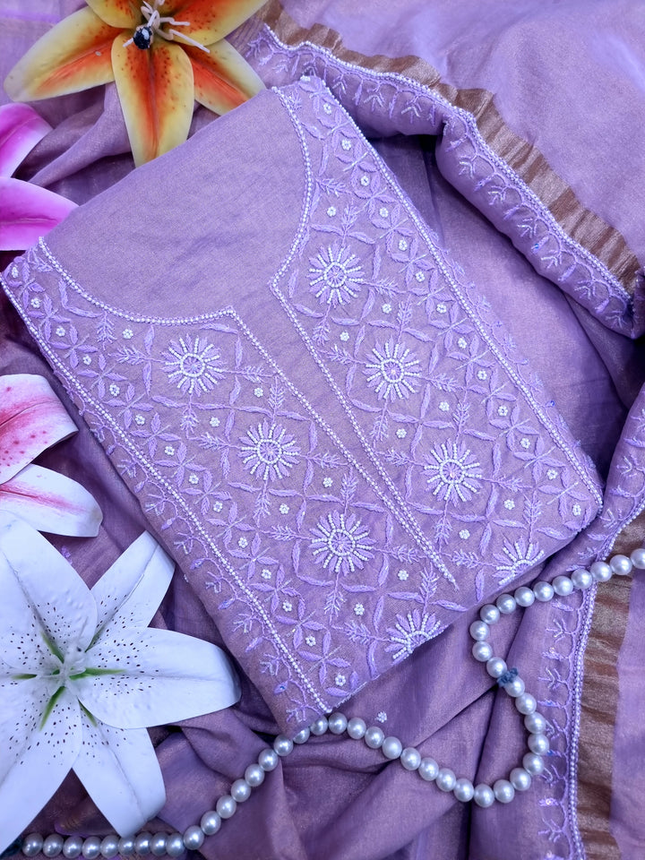 Soft Tissue Chikankari Unstitched Dress Material | 3 Taar Hand Embroidery with Pearl & Cutdana Work + Golden Border Dupatta