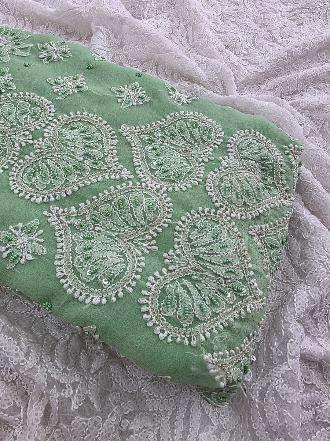 Pearl Chikankari Saree on Faux Georgette with Matching Blouse | Hand Embroidered Lucknowi Saree | Paridhan Chikan Heritage Collection