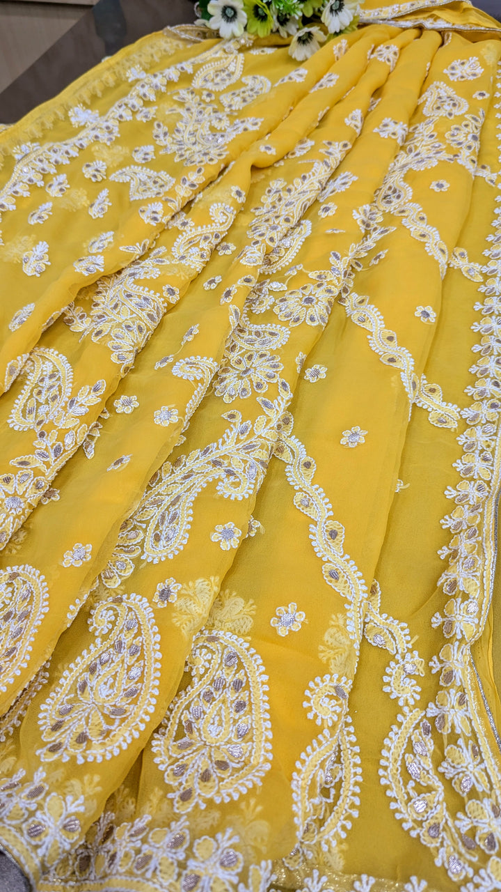 Embellished with Gota Patti | Hand Chikankari Faux Georgette Saree | Lucknowi Embroidery | Designer Festive Wear by Paridhan Chikan