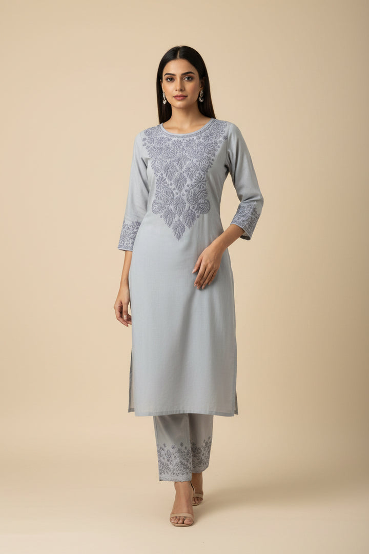 Soft Cotton Polo Fabric Lucknowi Chikankari Long Kurti | 100% Hand Embroidered | Non-Transparent | No Shrinkage