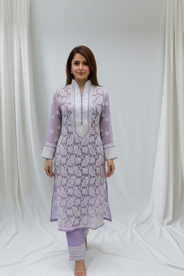 Women’s Georgette Chikankari Kurti – Designer Hand Embroidered Lucknowi Craft by Paridhan Chikan