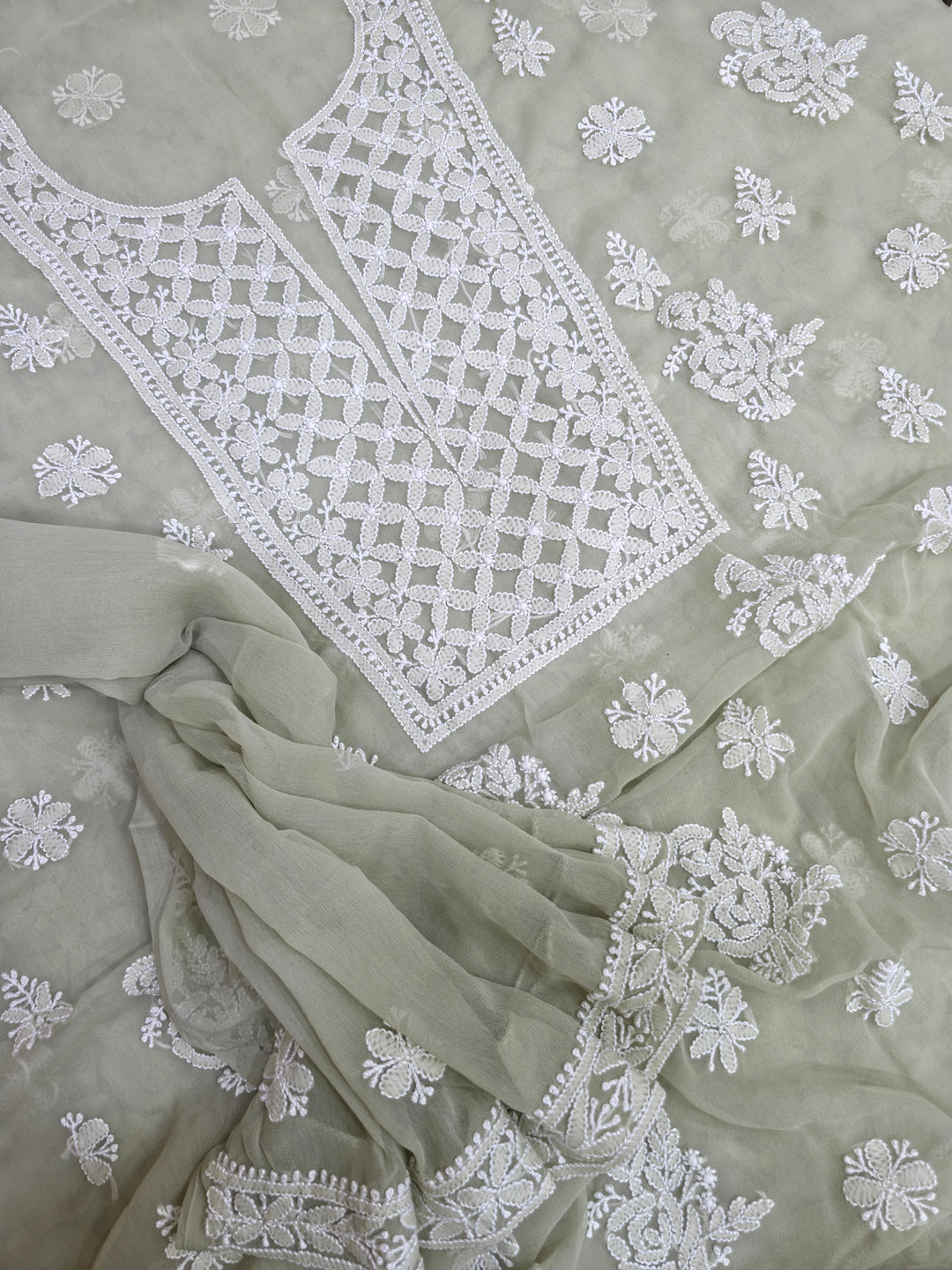 Lucknowi Georgette Chikankari Dress Material – Hand Embroidery Kurta, Bottom & Dupatta | Festive Queen Shades