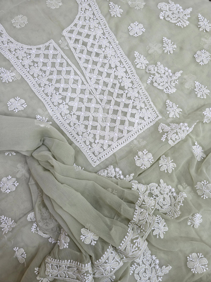 Lucknowi Georgette Chikankari Dress Material – Hand Embroidery Kurta, Bottom & Dupatta | Festive Queen Shades