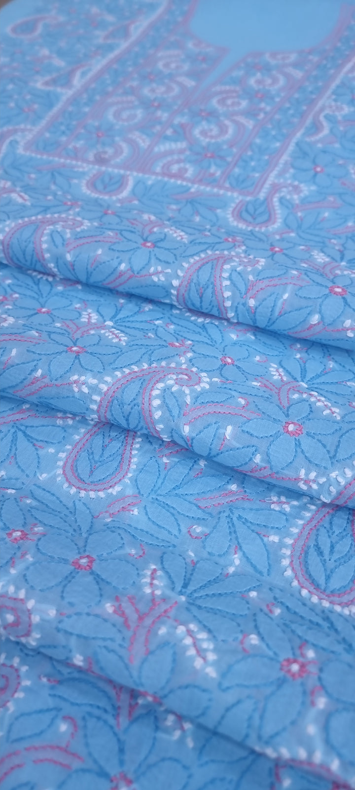 Lucknow Chikankari Hand Embroidered Cotton Dress Material with Tri-Color Motifs & Pure Chiffon Dupatta