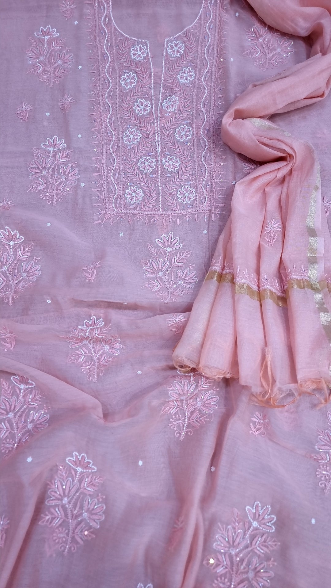 Premium Mul Chanderi Supersoft Dyeable Chikankari Dress Material | Hand Embroidered with Pearls & Cutdaana | Kurta & Dupatta Set