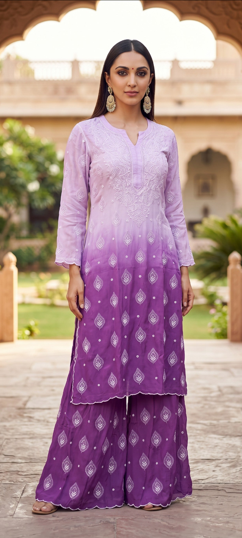 Luxe-Pure crepe luxurious kurti sharara set with *2 taar chikankari work*