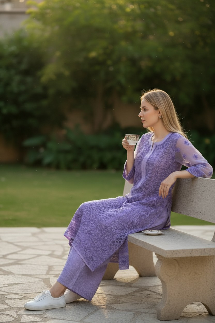 Georgette chikankari long kurti