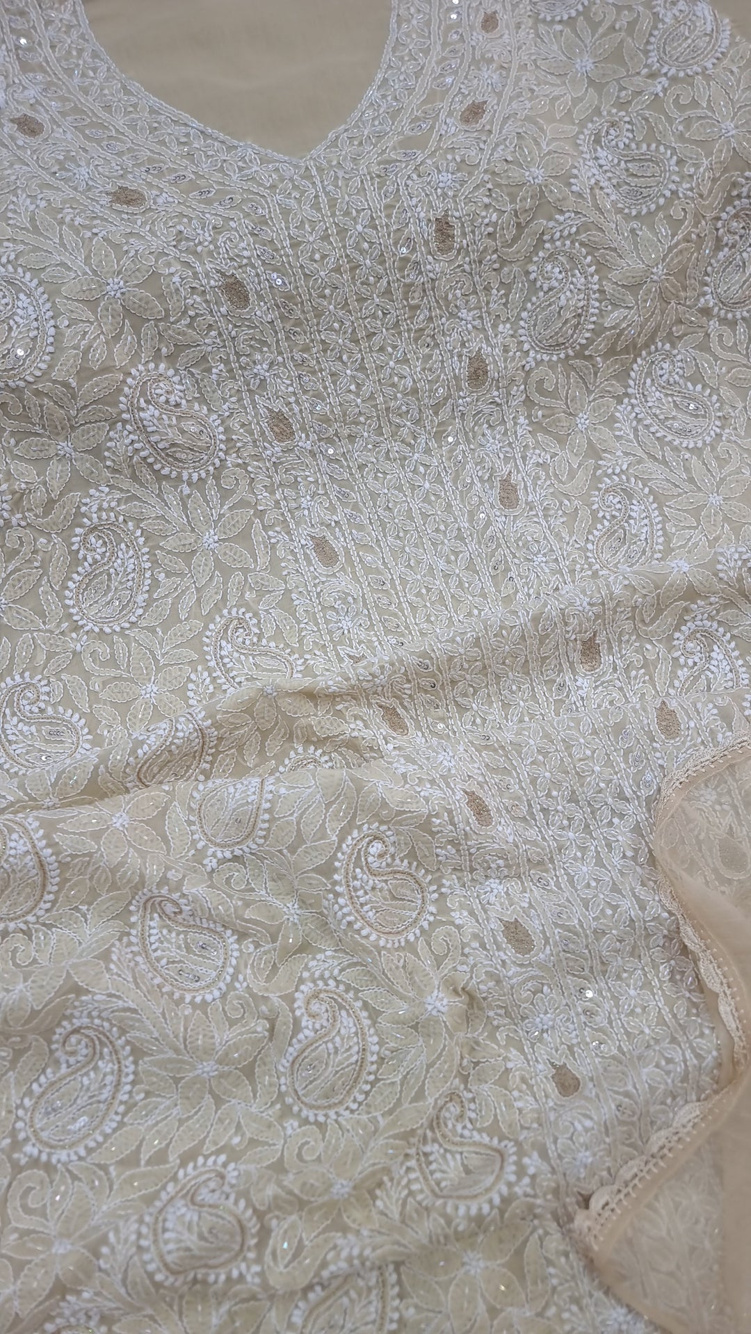 Unstitched Cotton Hand Embroidered Chikankari Dress Material with Cutdana, Resham & Badla Work | Pure Chiffon Dupatta | Lucknowi Artistry