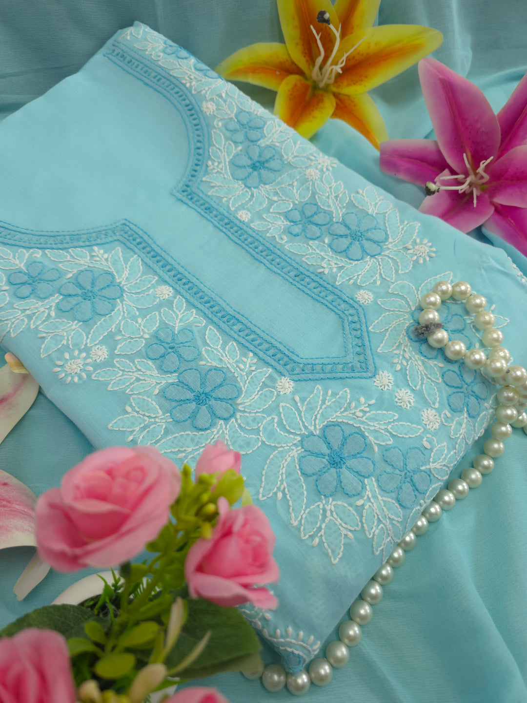 Paridhan Chikan Premium Cool Cotton Chikankari Dress Material Set with Hand Embroidered Kurta, Bottom & Chiffon Dupatta with Handmade Crochet Border
