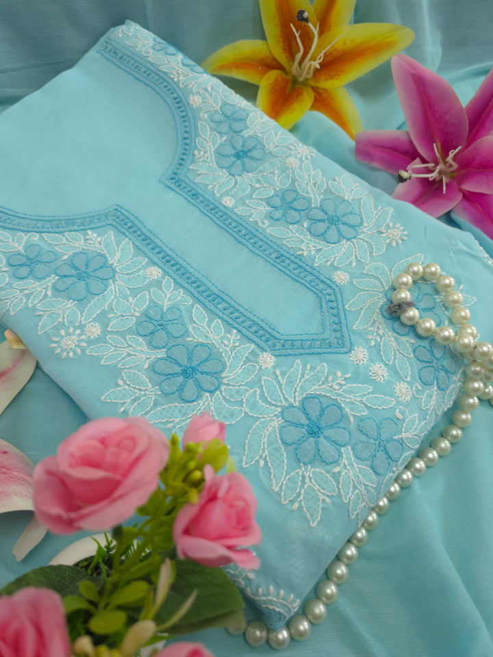 Paridhan Chikan Premium Cool Cotton Chikankari Dress Material Set with Hand Embroidered Kurta, Bottom & Chiffon Dupatta with Handmade Crochet Border