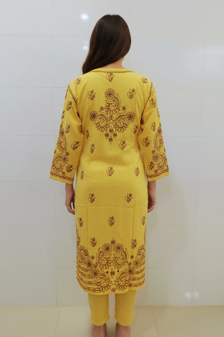 Soft Cotton Polo Fabric Lucknowi Chikankari Long Kurti | 100% Hand Embroidered | Non-Transparent | No Shrinkage