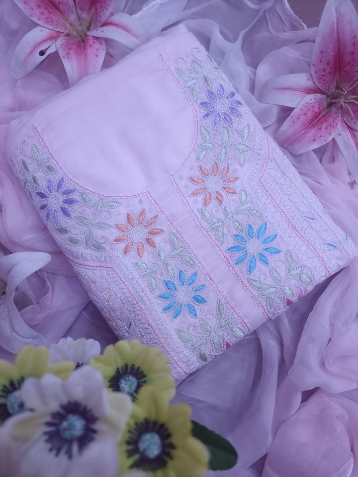Cotton Resham Neckline chikankari dress material- Baby Pink