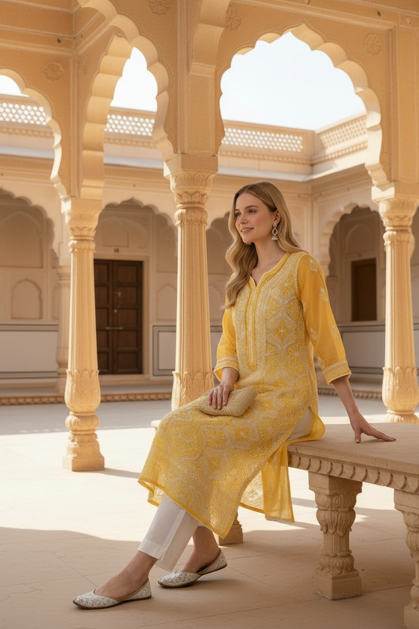 Georgette chikankari long kurti