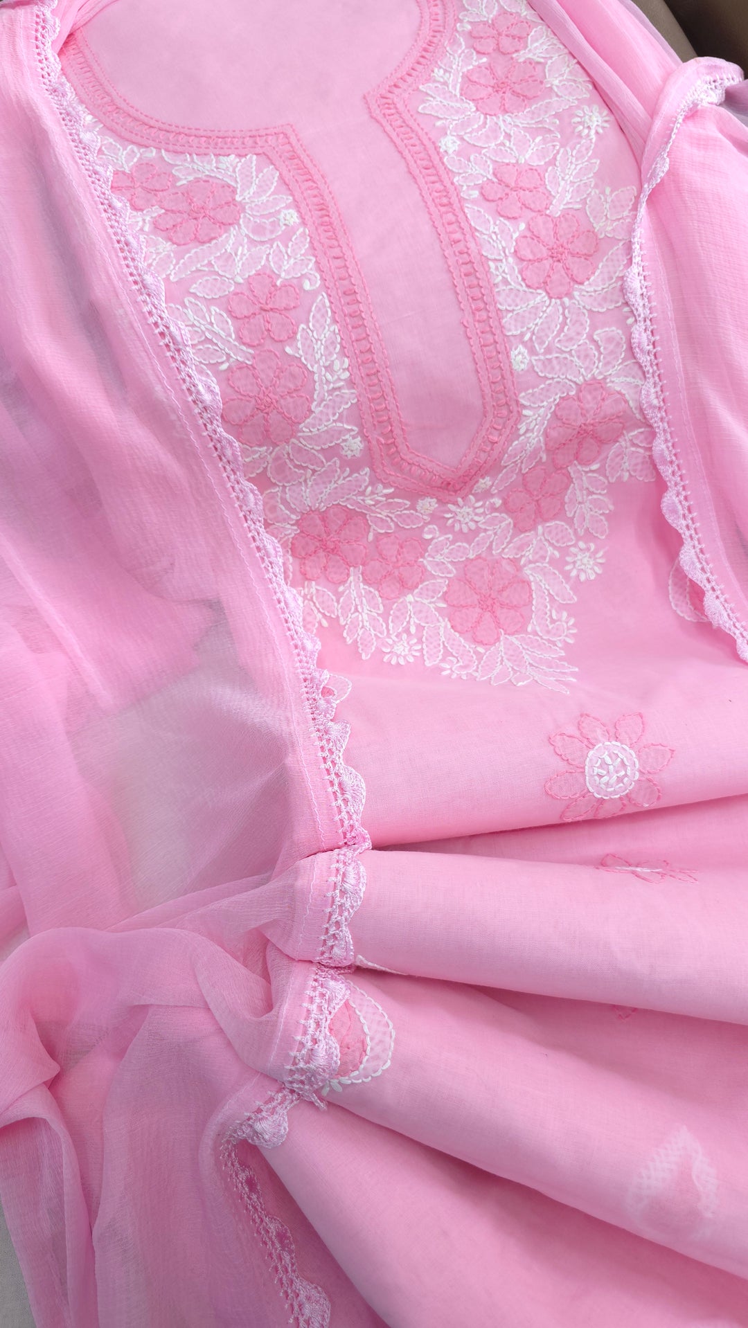 Paridhan Chikan Premium Cool Cotton Chikankari Dress Material Set with Hand Embroidered Kurta, Bottom & Chiffon Dupatta with Handmade Crochet Border