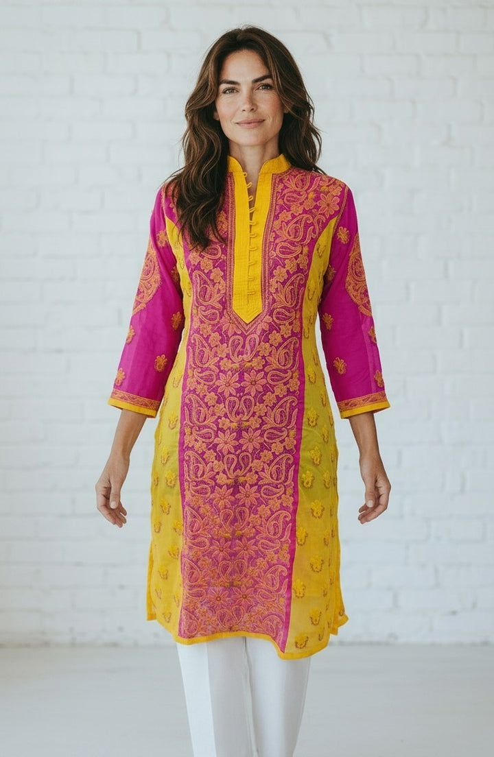 Dual Shade Georgette Lucknowi Chikankari Kurti – Hand Embroidered 48" approx long with Shadow & Murri Work, Exclusive Design