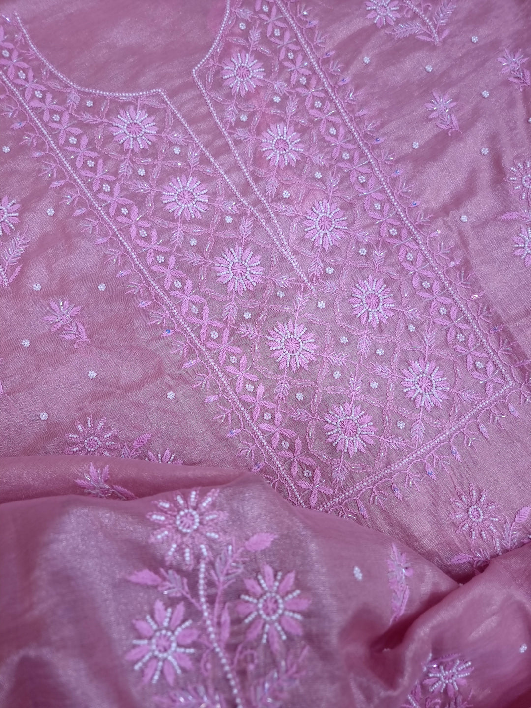 Soft Tissue Chikankari Unstitched Dress Material | 3 Taar Hand Embroidery with Pearl & Cutdana Work + Golden Border Dupatta