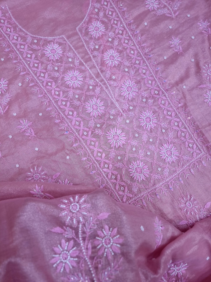 Soft Tissue Chikankari Unstitched Dress Material | 3 Taar Hand Embroidery with Pearl & Cutdana Work + Golden Border Dupatta