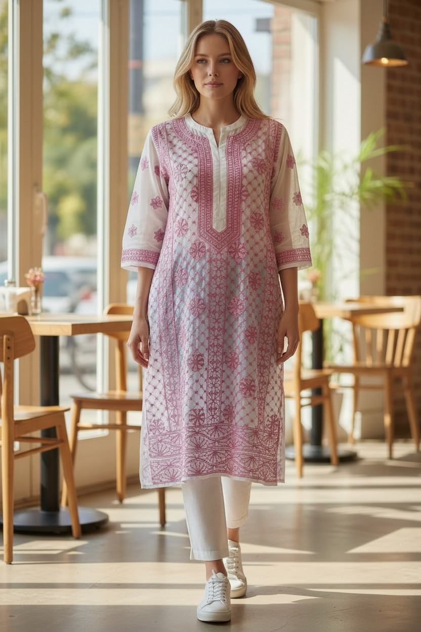 Georgette chikankari long kurti