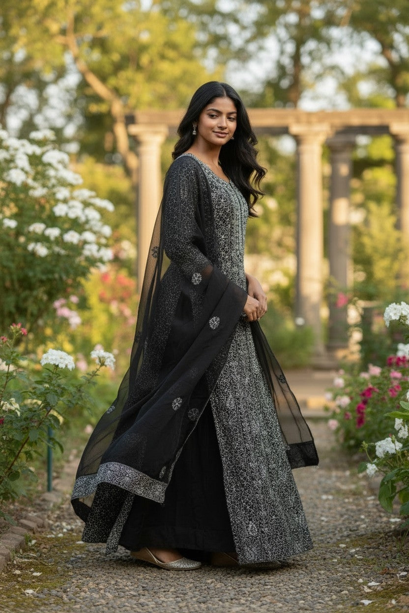 Unstitched Georgette Chikankari Dress Material | Hand Embroidered Kurta, Bottom & Dupatta