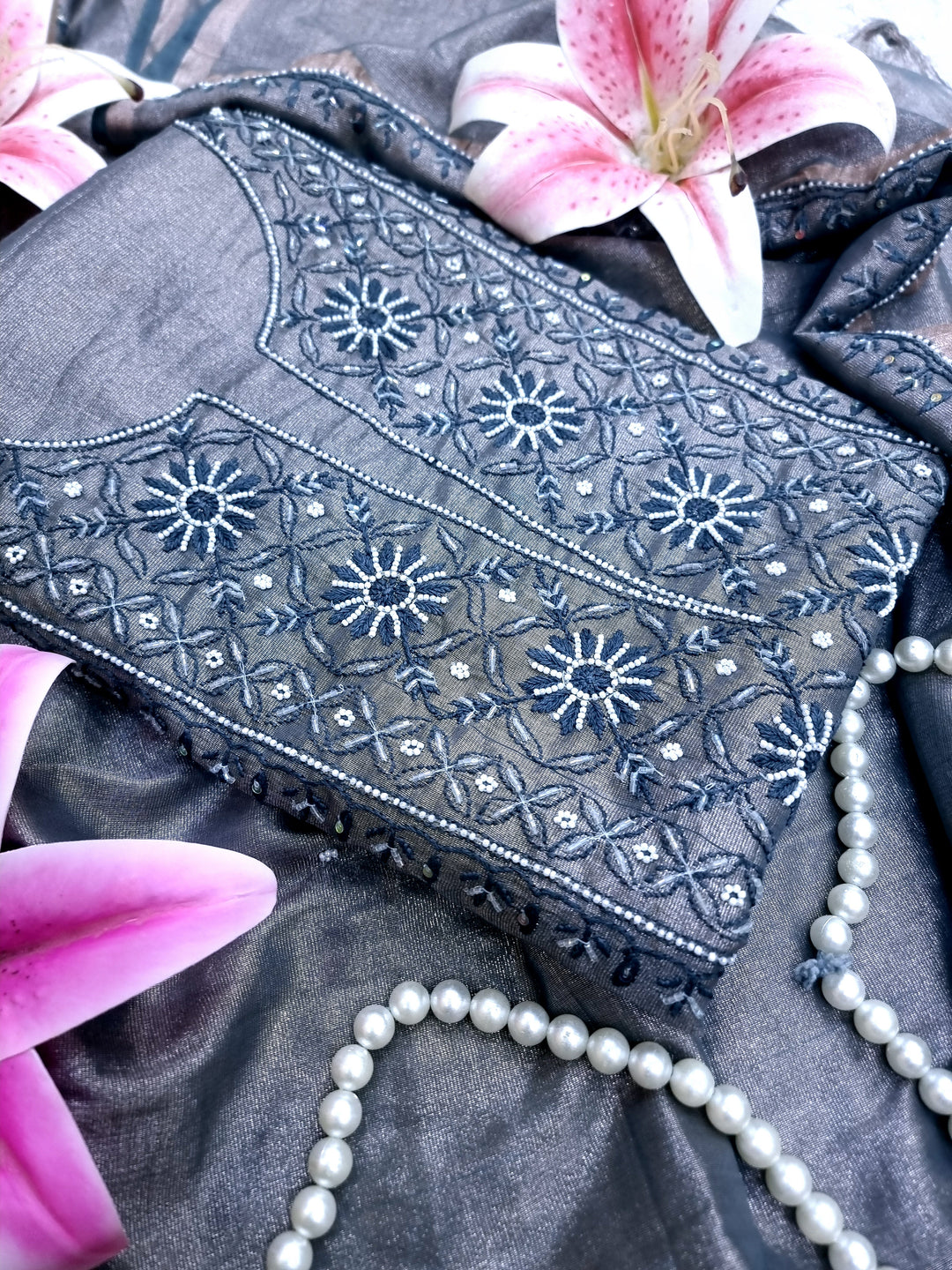 Soft Tissue Chikankari Unstitched Dress Material | 3 Taar Hand Embroidery with Pearl & Cutdana Work + Golden Border Dupatta