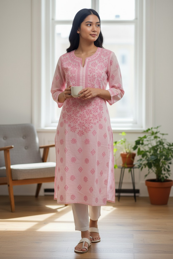 Pure Cotton Linen Lucknowi Chikankari Long Kurti | 100% Hand Embroidered | Non-Transparent | No Shrinkage