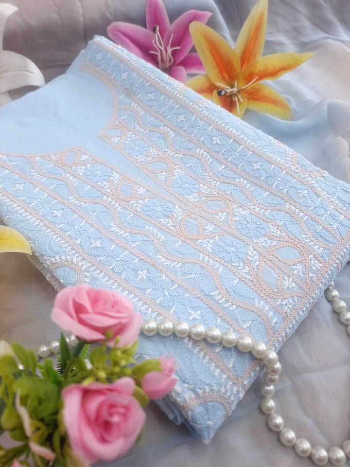 Lucknow Chikankari Hand Embroidered Cotton Dress Material with Tri-Color Motifs & Pure Chiffon Dupatta
