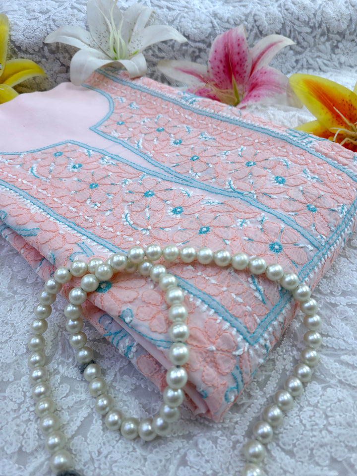 Lucknow Chikankari Hand Embroidered Cotton Dress Material with Tri-Color Motifs & Pure Chiffon Dupatta