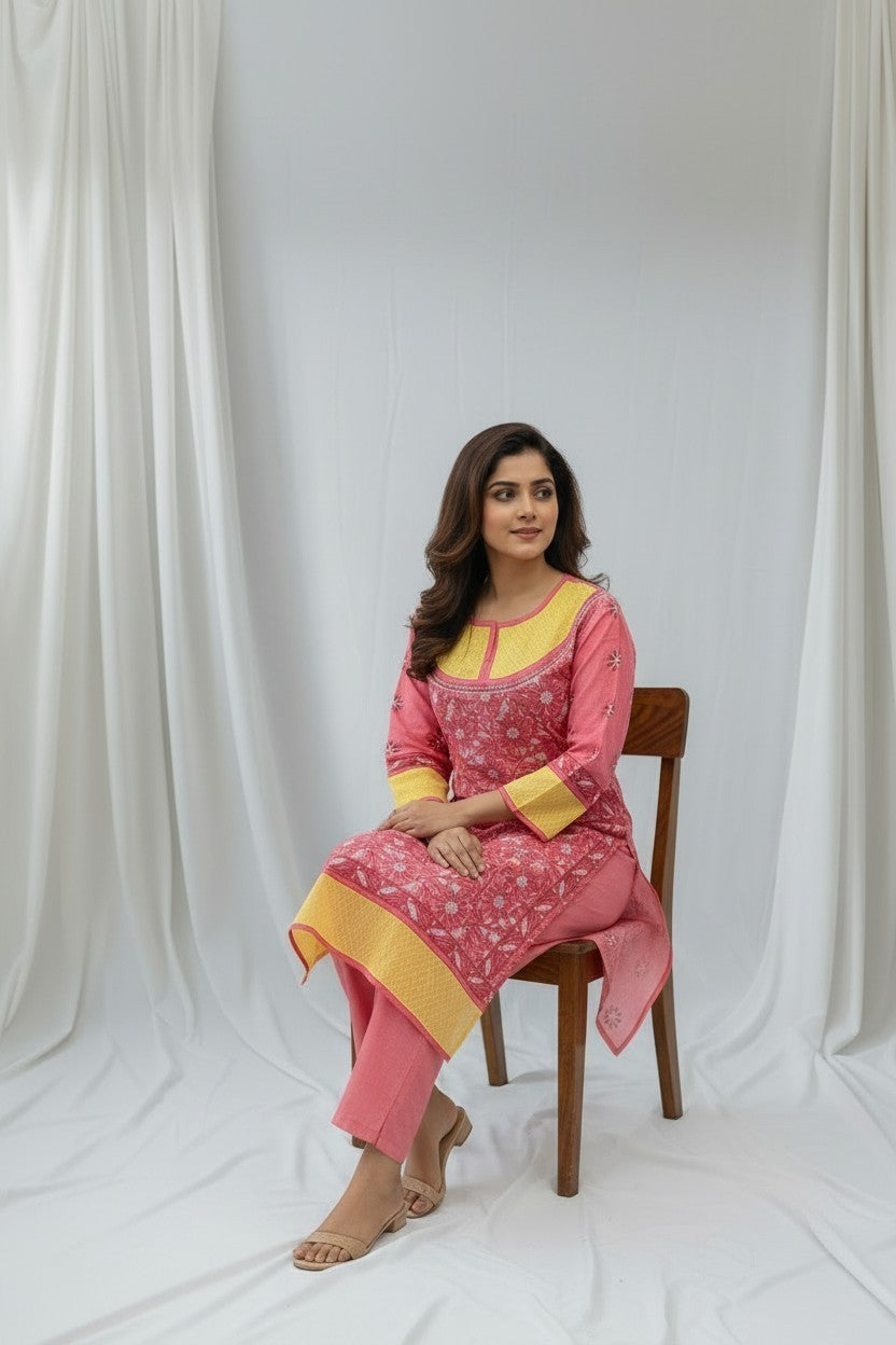 Asma Cotton Chikankari Hand Embroidered Kurti for Women | Premium  | 48 Inch approx Length | Lucknowi Chikan Kurta