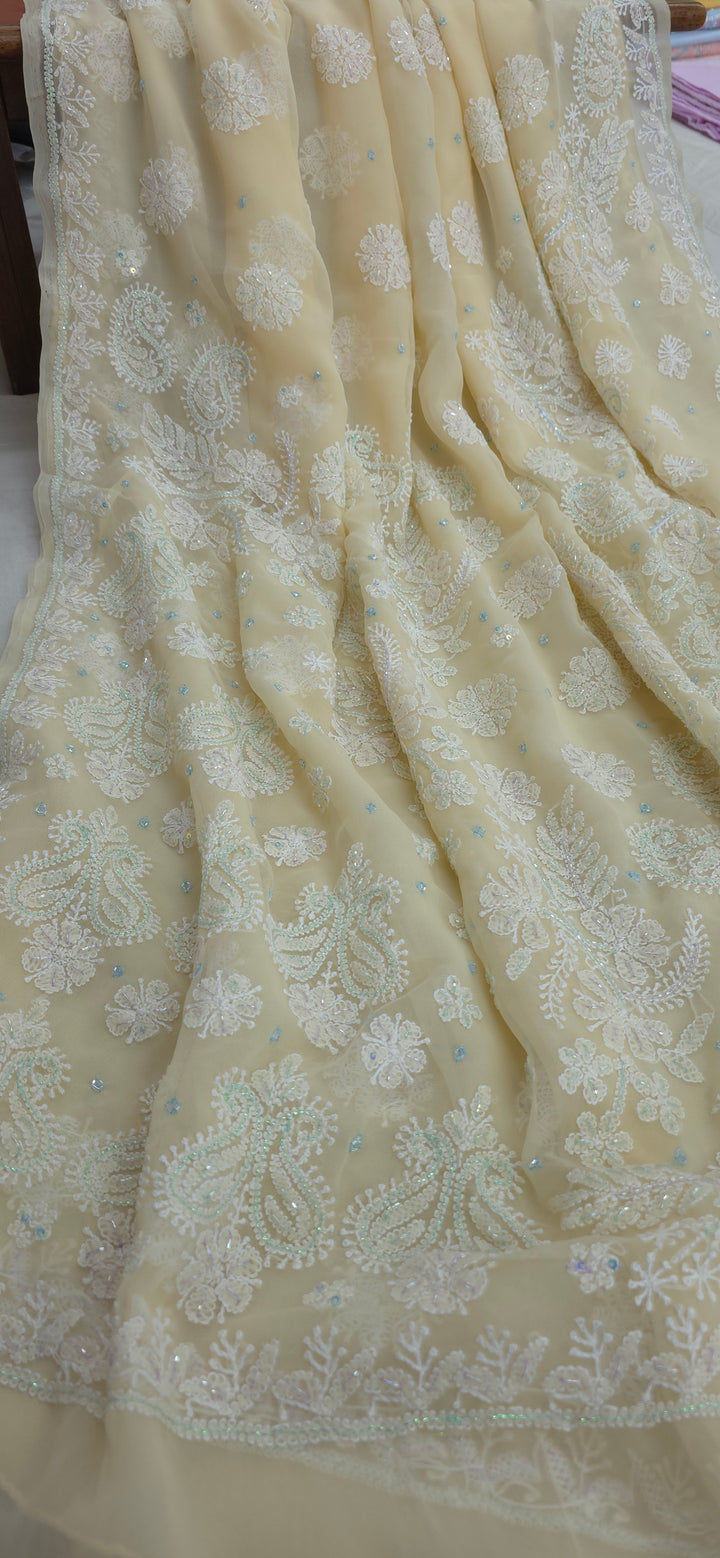 Pearl Chikankari Saree on Faux Georgette with Matching Blouse | Hand Embroidered Lucknowi Saree | Paridhan Chikan Heritage Collection